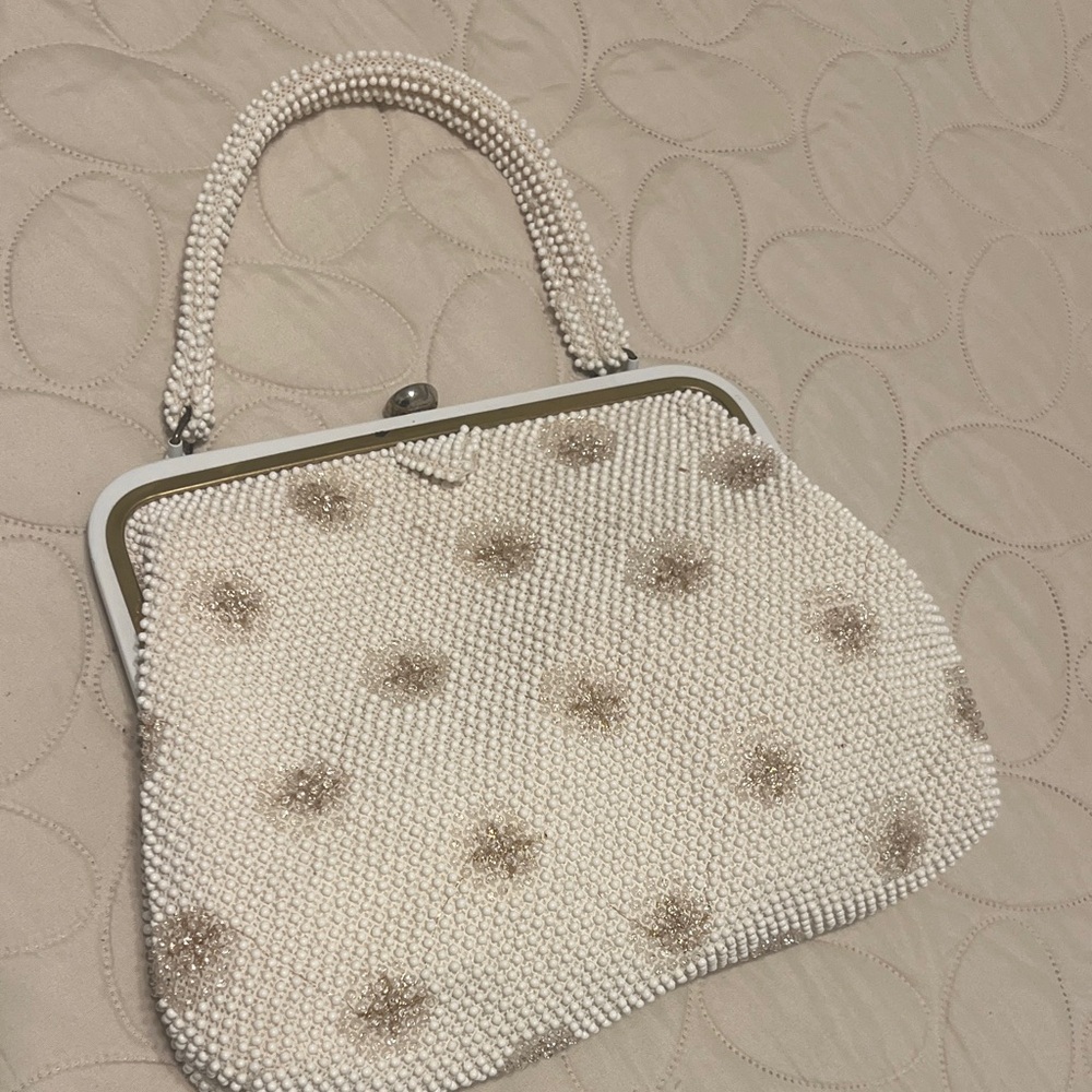 Chic Beaded Clutch in White and Tan